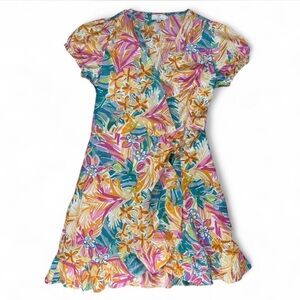 Le Bain Par Molly Bracken Pink Yellow Floral V-Neck Ruffle Wrap Dress Size L